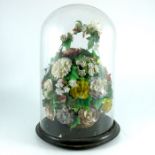 Victorian shell flower arrangement, Sailor's Valentine, under glass dome.