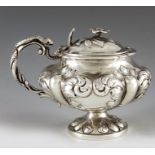 Banjamin Davis, London 1837, a William IV silver mustard pot, lobed ovoid pedestal form, embossed wi