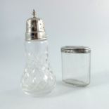 A Victorian silver and glass jar, Army and Navy Cooperative and a shaker