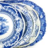 Four large Staffordshire blue and white meat platters