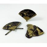 Three Japanese white metal, gold and patinated bronze menu holders