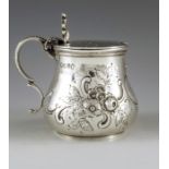 H A & S, London 1871, a Victorian silver mustard pot, baluster form, embossed in relief and etched w