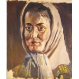 British School (20th century), Portrait of a Woman with a Headscarf, oil on paper, unsigned, 60cm x