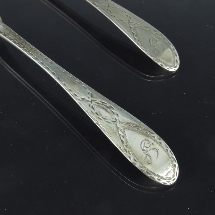 A pair of George III Provincial silver mustard spoons, John Mitchison, Newcastle 1784, bright cut Ir - Image 3 of 4