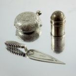 A Victorian novelty silver bookmark, miniature pepper pot and sovereign case