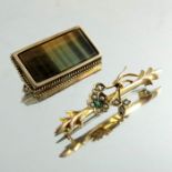A 9 carat gold, seed pearl and turquoise bar brooch