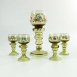 Theresienthal, five Bohemian Palais series enamelled glass roemer type glasses