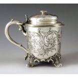 John Evans II, London 1844, a Victorian silver mustard pot, cylindrical form, etched and engraved wi