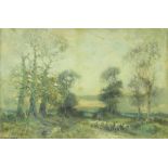 William Manners (1860-1930), A Shepherd and Flock on a Forest Path, watercolour