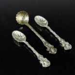 Three Victorian cast silver condiment spoons, Richard Sibley, London 1856 and John and Henry Lias, L