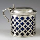 William Aitken, Chester 1898, a Victorian silver mustard pot, cylindrical form, reticulated stepped