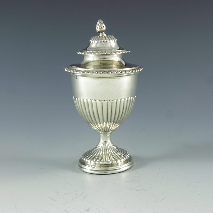 Robert Hennell II, London 1828, a George IV silver vase shape mustard pot with half fluted body and - Image 3 of 8