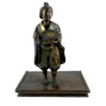 Japanese meiji bronze figure of a girl holding a fan, on wooden base
