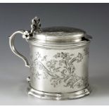 Edward and John Barnard, London 1864, a Victorian silver mustard pot, cylindircal form, etched with