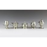 Five English silver mustard pots, Victorian with date marks from 1886 to 1900, various makers, Birmi