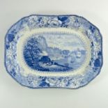 A Staffordshire blue and white transfer printed meat platter, Poutney and Goldney, View Near Bristol