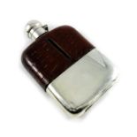 A George V silver, crocodile leather and glass hip flask