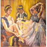 British School (20th century), Before the Performance, oil on paper, 48cm x 47cm, framed