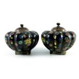 A pair of squat gourd shaped cloisonne Koro style pots and covers