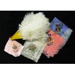 An ivorine and ostrich feather fan, evening bag and four regimental handkerchiefs (6)
