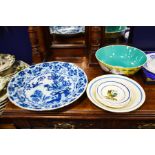 Delft blue and white plate, Chinese yellow ground bowl and Four faience style plates