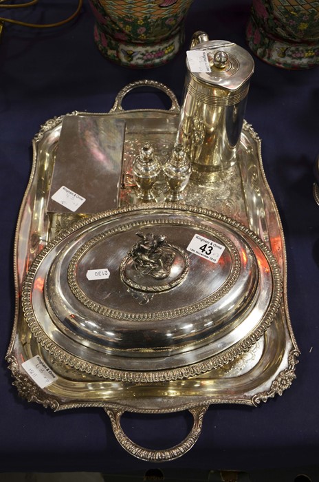 A group of silver plated ware including a large tr