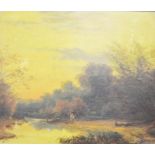 R.H. Wood oil painting on board with a fisherman on riverbank