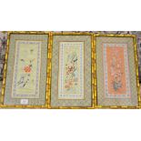 Three Oriental silk embroideries, framed 44cm x 24