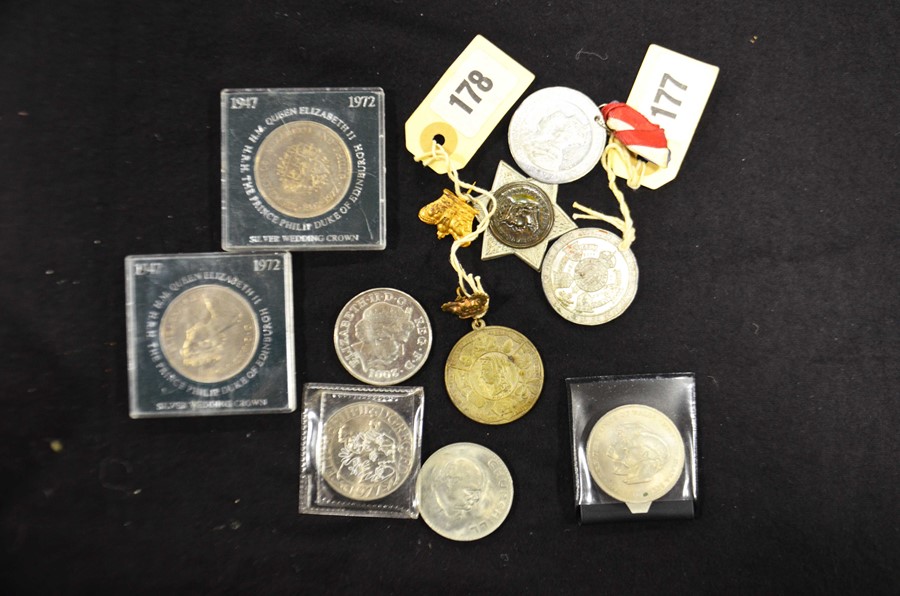 A group of Royal commemorative coins, including two Elizabeth II silver wedding crowns, a silver Jub