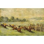 Four racing prints and an oriental painting on sil