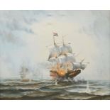Two modern framed paintings of sailing ships, oil