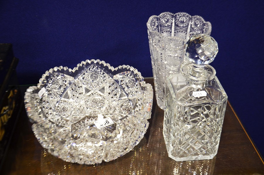 Collection of cut glass including decanter, bowl a