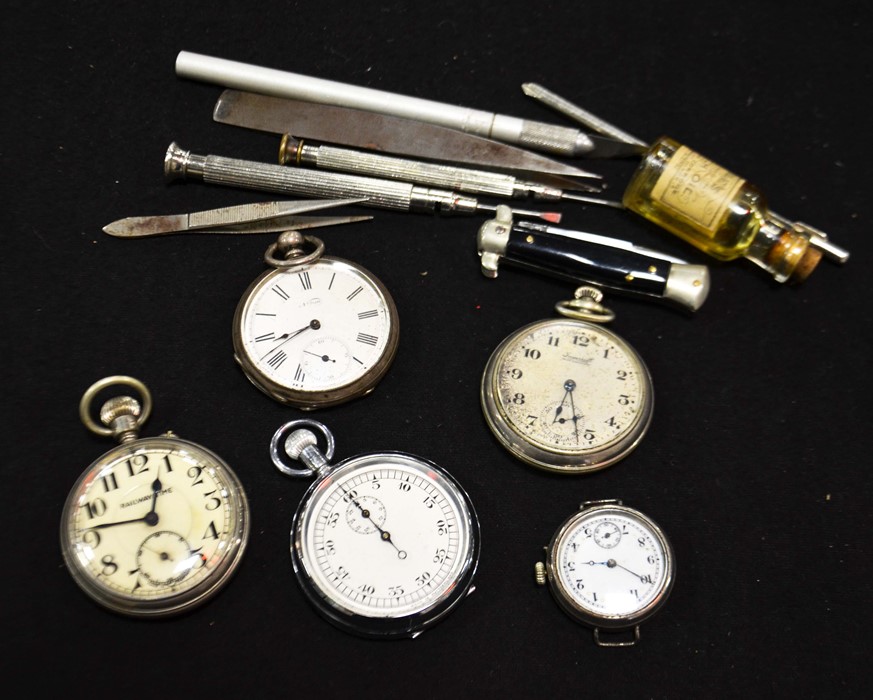 Assorted group of European pocket watches and penknives in a Westoe cigar case.