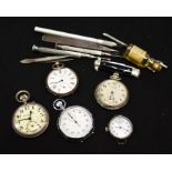 Assorted group of European pocket watches and penknives in a Westoe cigar case.