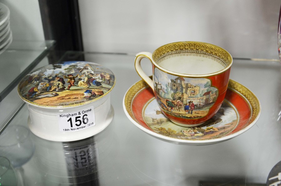 Pratt Ware cup and saucer and a grease pot. (3)