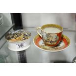 Pratt Ware cup and saucer and a grease pot. (3)