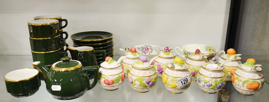 A group of Franklin Mint fruit posset pots and spoons & Apilco French green & gold part tea set