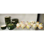 A group of Franklin Mint fruit posset pots and spoons & Apilco French green & gold part tea set