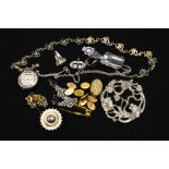 Costume jewellery, silver and gold, including 9 carat gold cufflinks, brooch, silver fob watch, hard