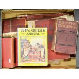 A group of antique books including Pip & Squeak Annual 1927, The Letters of Queen Victoria and Encyc