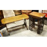 Nest of three oak tables, and a reproduction coffee table on lyre end supports