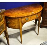 A 19th century mahogany demi-lune and crossbanded serving table, fitted drawer