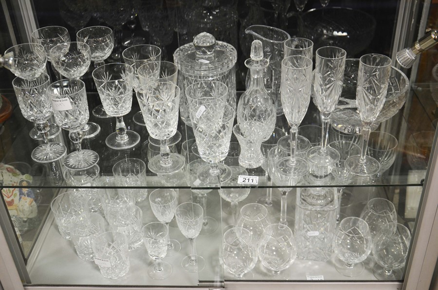 A group lot of glassware including jugs, brandy tu