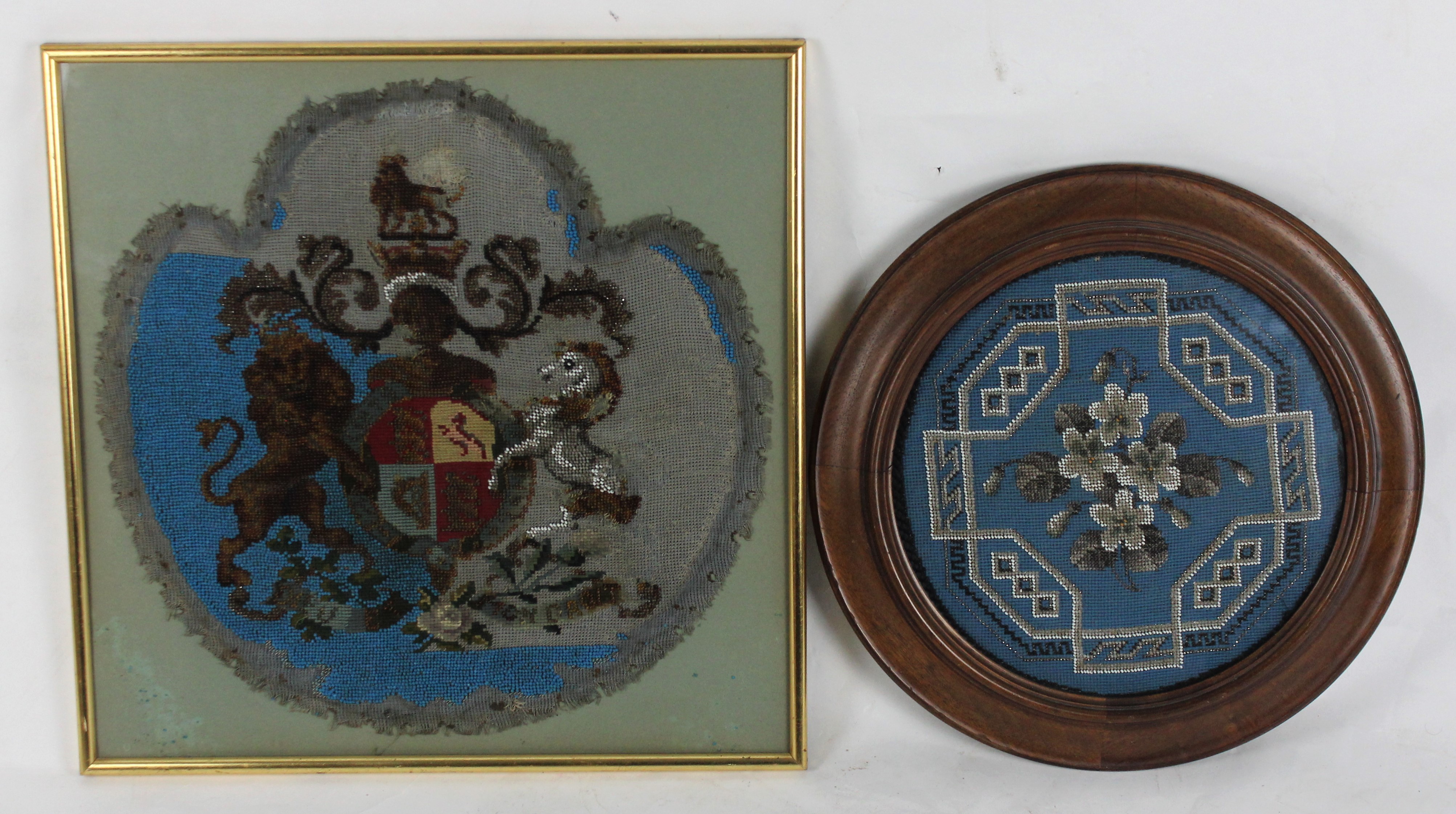 A Victorian bead work Royal Coat of Arms Crest, H.40cm, together with another Victorian beadwork, - Image 3 of 4