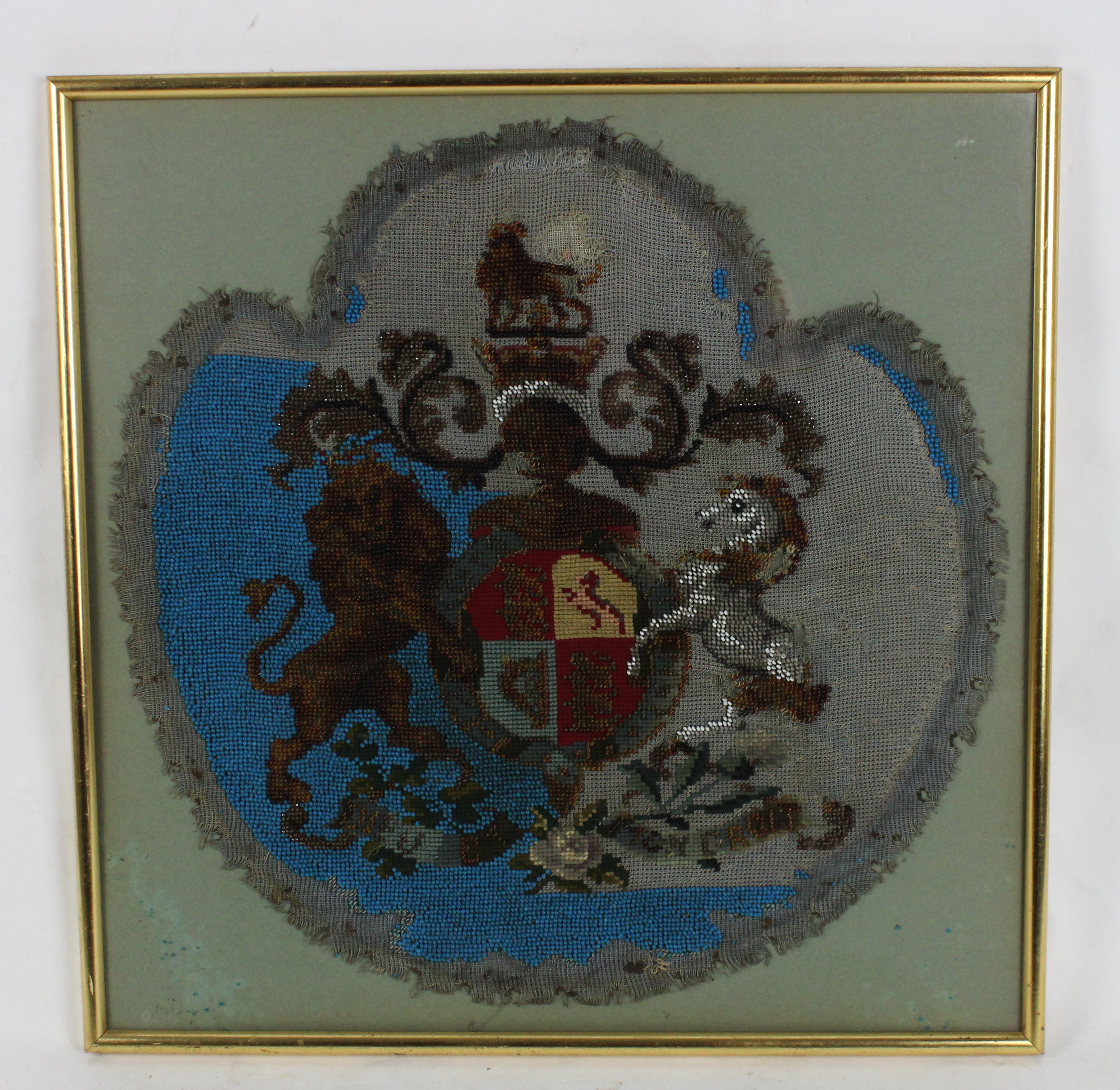 A Victorian bead work Royal Coat of Arms Crest, H.40cm, together with another Victorian beadwork, - Image 2 of 4