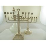 A silver plated collared decanter with two silver plated Hannukah menorahs (A/F)