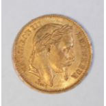 1869 20 French Francs gold coin, Napoleon III Laurette Head,