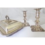 A pair of 19th century silver plated candlesticks together with a silver plated tureen,