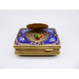 A Swiss gilt metal singing bird musical box with blue enamelled top, figural scene painted to