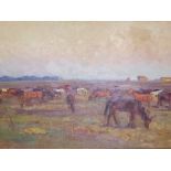 Mikhail Petrovich Borimchuk (Ukrainian, 1926-2013), landscape scene of horses, oil on card,
